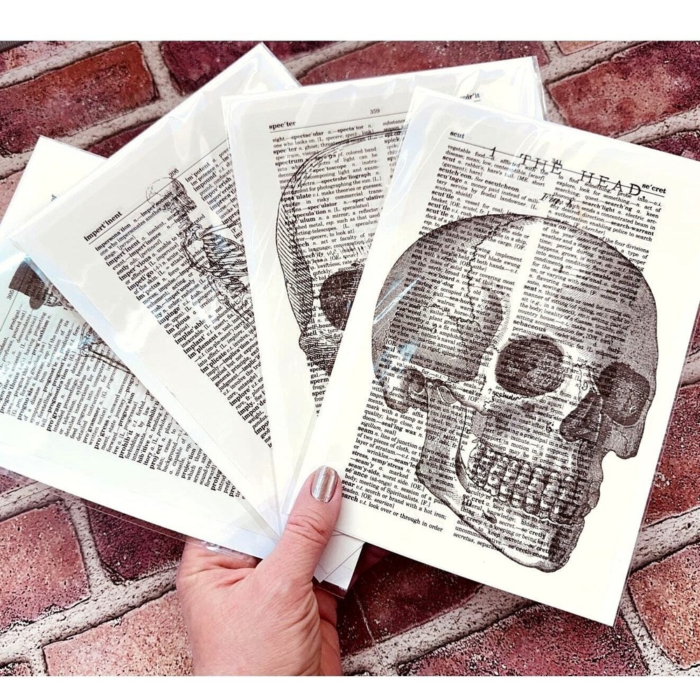 Skeleton Skull Spooky Upcycled Dictionary Art Prints Lot 4 Mini Poster Set‎ OOAK - Picture 13 of 14